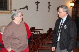 Sister Rose Jean Powers visits with Brett Ballard, music instructor at Brescia University, after the concert. Sister Rose Jean served at Brescia for many years.