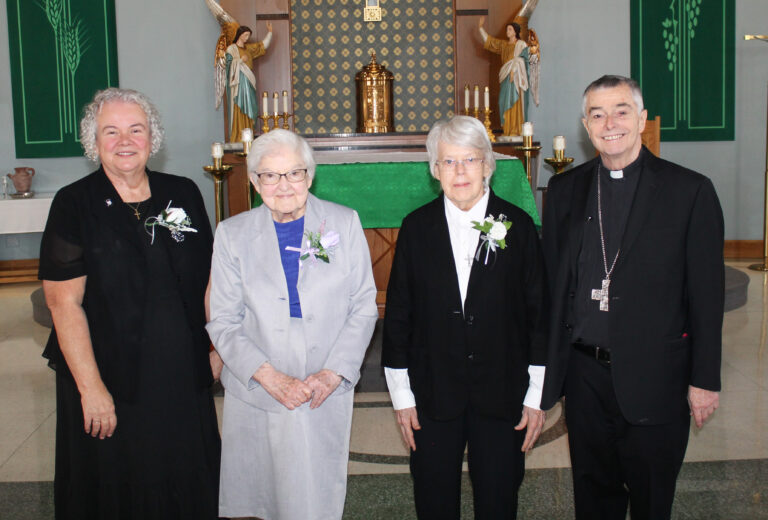 Jubilarians gathering after the ceremony with Bishop William Medley are, from left, Ursuline Sisters Martha Keller, George Mary Hagan, and Angela Fitzpatrick. Jubilarians gathering after the ceremony with Bishop William Medley are, from left, Ursuline Sisters Martha Keller, George Mary Hagan, and Angela Fitzpatrick.