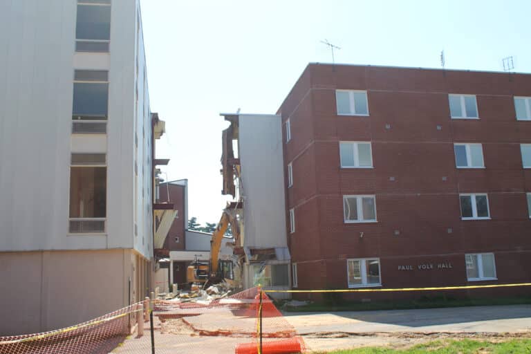 The walkway connecting Paul Volk Hall to Lourdes and Saint Ursula Halls had to be removed before deconstruction could begin.