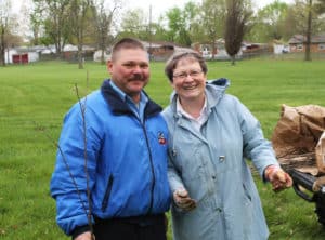 Sister Amelia Stenger stops for a moment to visit with Mike Stelmach, an employee of the Mount. Mike planted trees in honor of his mother, Genevieve Stelmach, a longtime donor of the Ursuline Sisters who died in 2018.