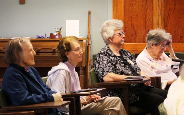 From left, Sisters Marie Carol Cecil, Claudia Hayden, Mary Timothy Bland and Luisa Bickett watch the Pope Francis video.