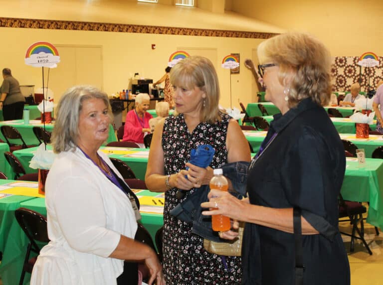 Marian McCarty Winstead A’73, Vickie Bickett Groce A’74, and Rhonda Warren Mischel A’73, gather on Sunday, Aug. 27, before the business meeting began.