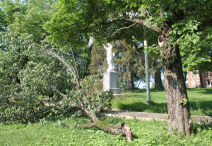 This limb was lost along the Rosary Walk near the Christ the King statue. None of the statues on campus were damaged.