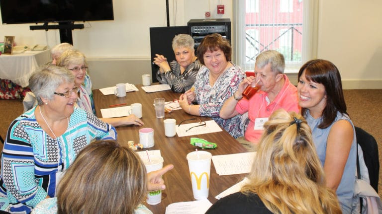 There was much time for one-on-one and group discussion during the morning session. This table of mostly Owensboro Associates is, from top right, Karen Wells, Martha Little, John Little, Aimee McCarty, New Ursuline Associate Lori Haynes (back turned), Debbie Lanham (back turned), Delores Turnage, Susie Westerfield and Donna Favors.