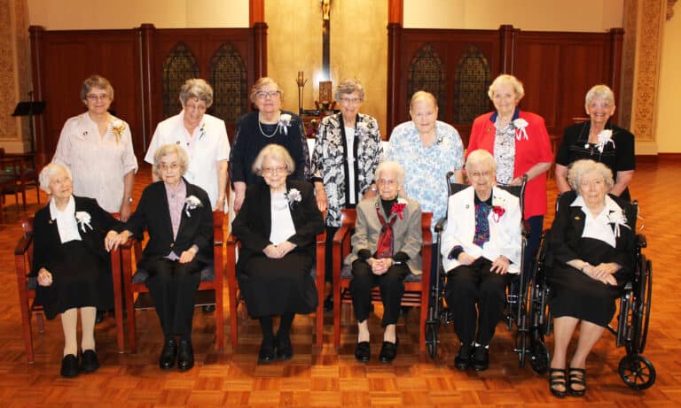 The total jubilee class of 2023 is, seated from left, Sister Clarita Browning, 75 years; Sister Mary Gerald Payne, 70 years; Sister Catherine Barber, 70 years; Sister Naomi Aull, 80 years; Sister Marie Bosco Wathen, 80 years; Sister Grace Swift, 75 years; standing from left are Sister Jacinta Powers, 50 years; Sister Luisa Bickett, 75 years; Sister Paul Marie Greenwell, 70 years; Sister Margaret Ann Aull, 70 years; Sister Kathleen Dueber, 60 years; Sister Pat Rhoten, 60 years; and Sister Mary Celine Weidenbenner, 60 years.