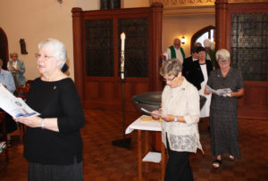 Members of the 2016-22 Council enter the chapel, led by Sister Pat Lynch, left. Next is Sister Judith Nell Riney, then Sister Pam Mueller.