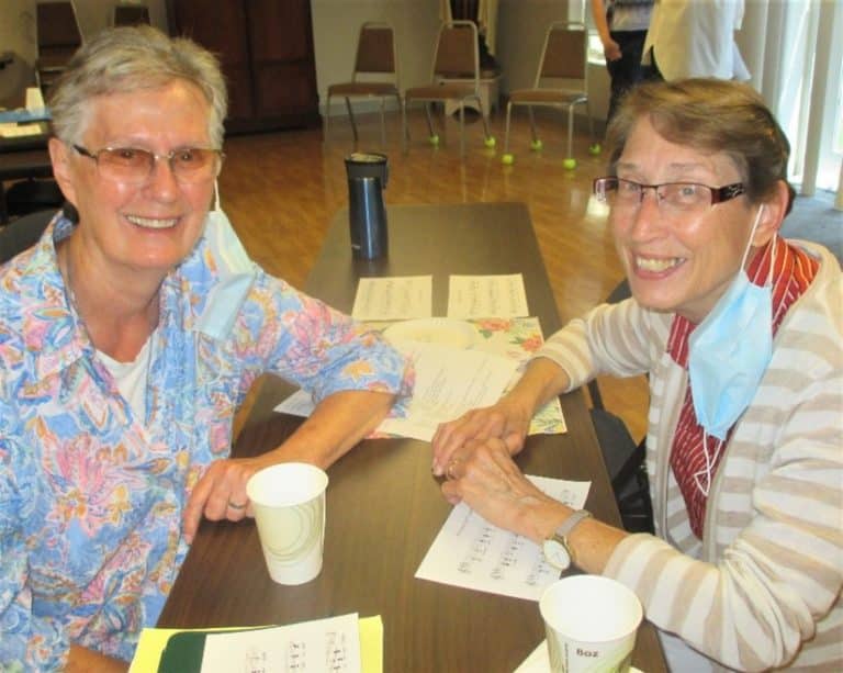 The Illinois contingent made it to Maple Mount. Sister Mary Ellen Backes, left, a pastoral associate in Springfield, is joined by Sister Marilyn Mueth, a resource teacher in Millstadt.