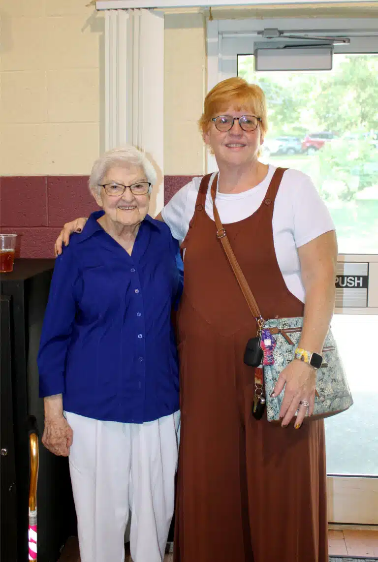 Sister George Mary Hagan, who was one of the greeters for Quilt Bingo, visits with Dianne Storm Hall, her former first-grade student at Blessed Mother School in Owensboro. Sister George Mary Hagan, who was one of the greeters for Quilt Bingo, visits with Dianne Storm Hall, her former first-grade student at Blessed Mother School in Owensboro.