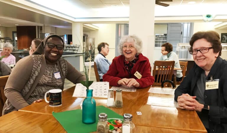 Franciscan Sister Anthonia Asayoma, left, joins Ursuline Sisters Francis Louise Johnson and Mary Henning for bingo. Franciscan Sister Anthonia Asayoma, left, joins Ursuline Sisters Francis Louise Johnson and Mary Henning for bingo.