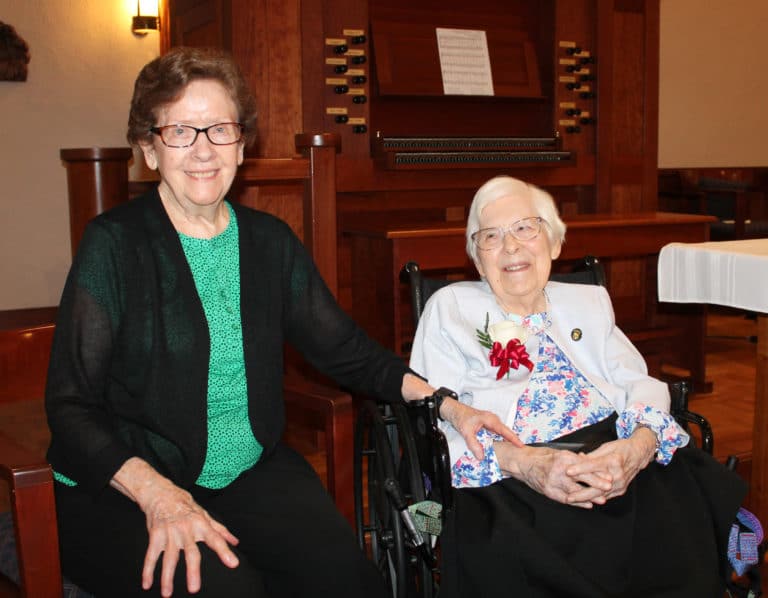 Sister Marie Julie Fecher, right, was a longtime music teacher whose active ministry concluded with leading the music at the Motherhouse. Here she is with her dear friend, Sister Mary Henning, now director of liturgy at the Motherhouse.