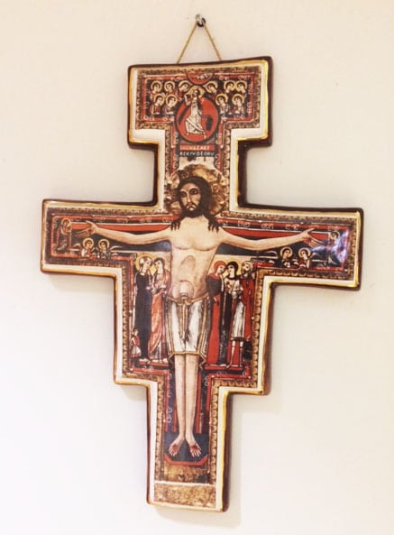 This is a larger, more colorful rendering of Sister Rebecca White's Franciscan cross, which hangs in Saint Joseph Villa in Maple Mount.