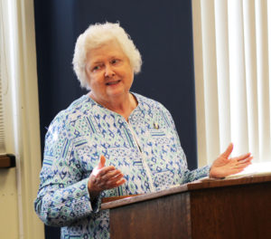 Ursuline Sister Vivian Bowles makes a point during her presentation on May 3.