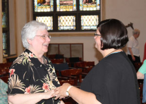 Sister Pat Lynch, left, is all smiles as she welcomes Sister Stephany to the community.