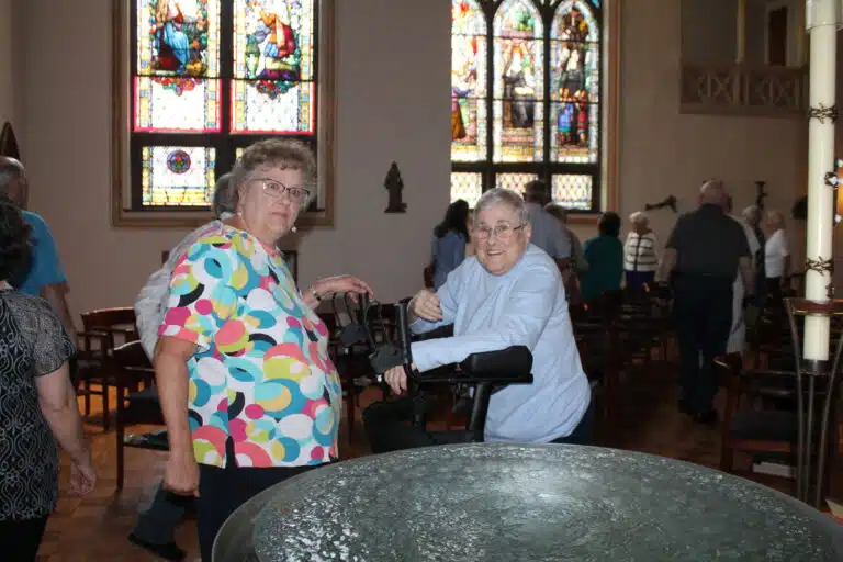 Barbara Klump, left, asked if she could see Sister Karla Kaelin, right, during their visit to Mount Saint Joseph. Barbara Klump, left, asked if she could see Sister Karla Kaelin, right, during their visit to Mount Saint Joseph.