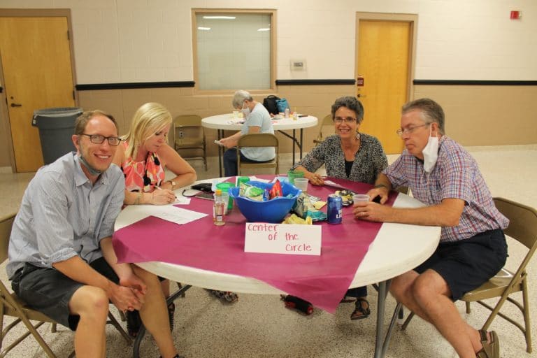 The “Center of the Circle” team works on their trivia answers. Pictured, left to right: Danny May, director of the Office of Marriage and Family Life for the Diocese of Owensboro, and his wife, Kelly, along with Maryann Joyce, director of the Mount Saint Joseph Conference and Retreat Center, and her husband, Mike.