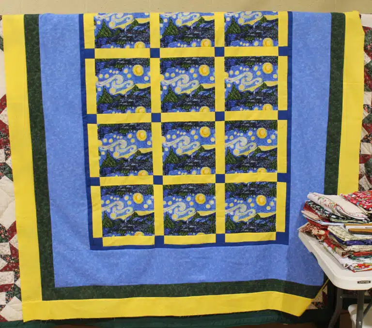 Sally Fitzgerald’s completed Van Gogh quilt top. Sally Fitzgerald’s completed Van Gogh quilt top.